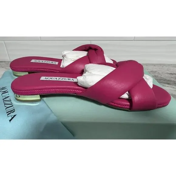 New Aquazzura Olie Pink Soft Leather Raffia Flat Slide on Sandals Size 35 - Picture 8 of 12